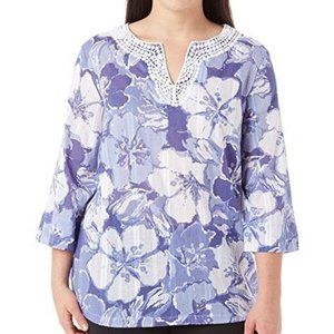 Blue Floral Split-Neck Women's Top